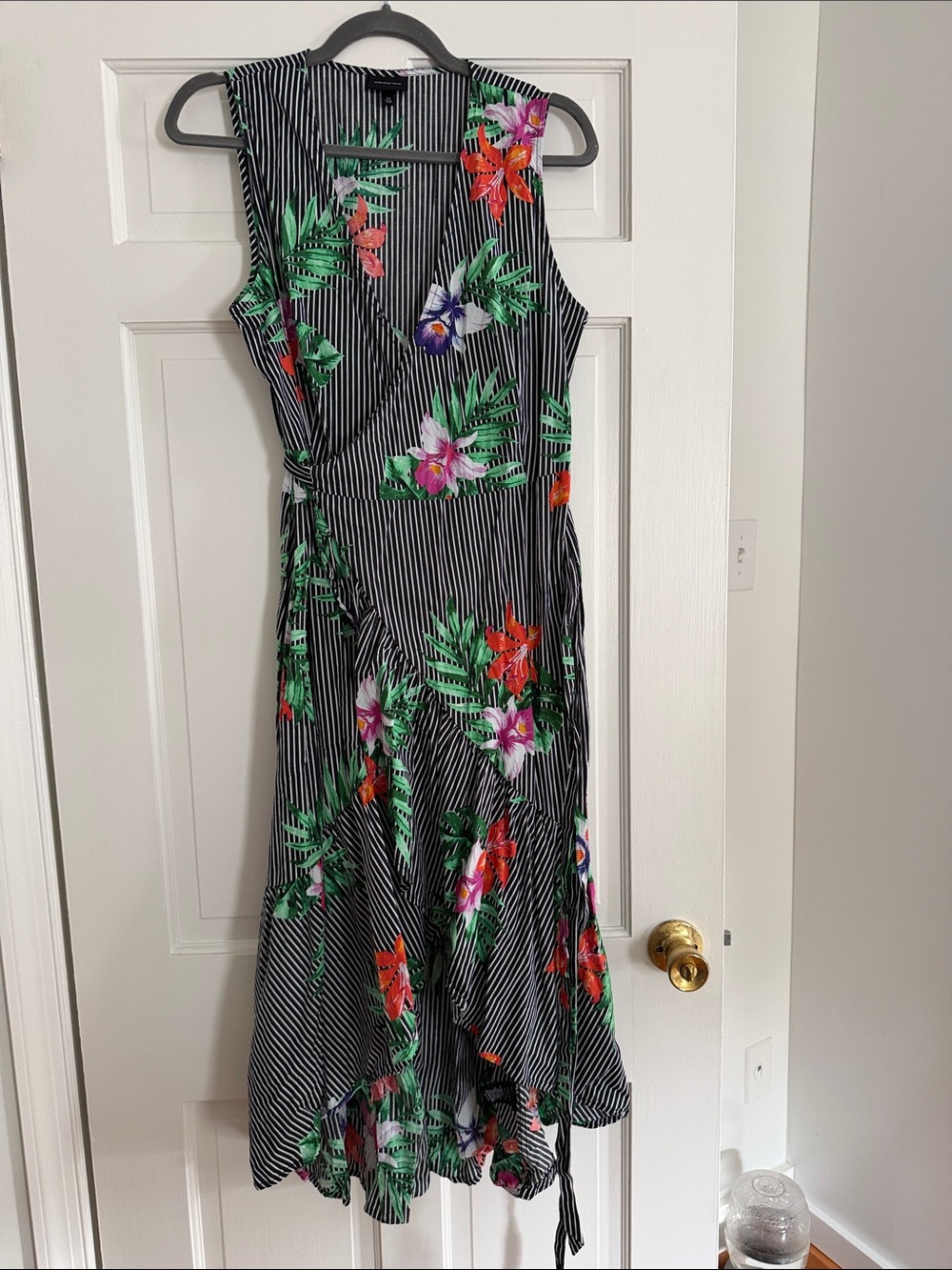 Floral Stripe Wrap Dress - Black with Green & Multicolor Flowers